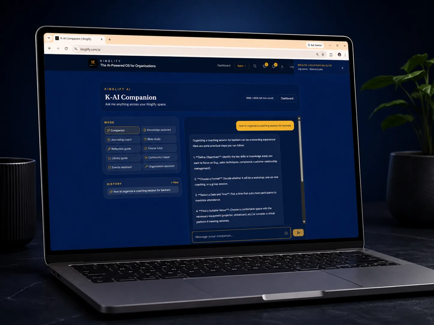 K-AI Companion on a laptop — eleven assistant modes, a real answer and the live usage quota