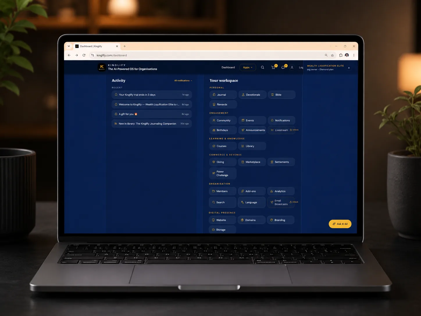 The Kinglify workspace on a laptop — every module of the organisation in one grid